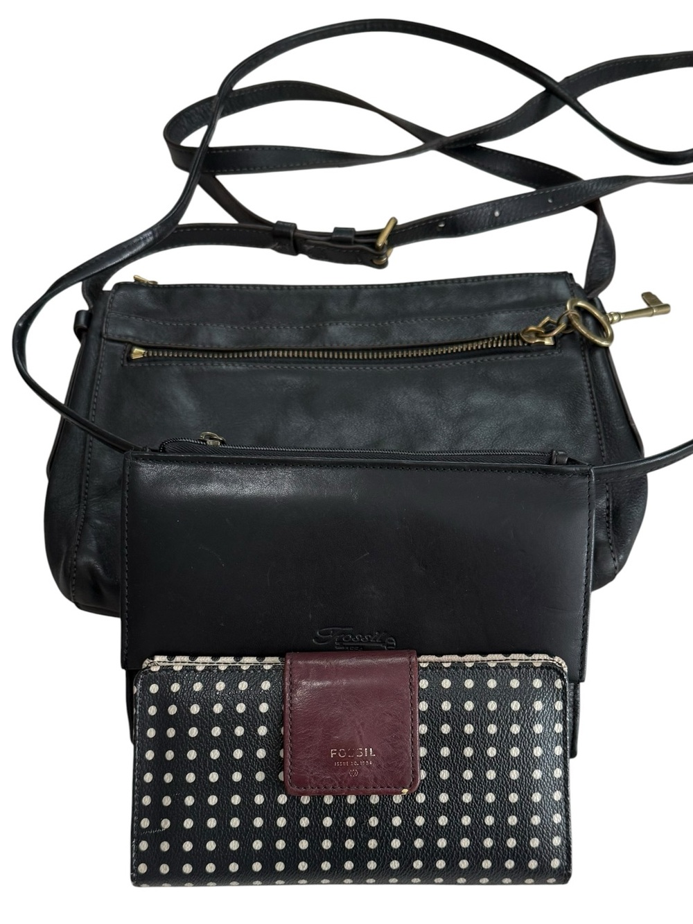 Fossil Leather Crossbody Bag Wallet Lot Black Polka Dot Organizer Purse Bundle